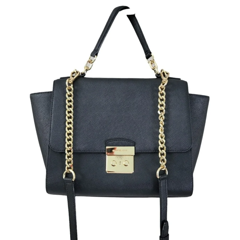 Michael Kors Brandi Medium Satchel Black Saffiano Leather Crossbody Gold Chain